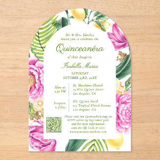 Aquarellfarbene Pinkerbäume QR-Code Quinceañera Acryleinladungen