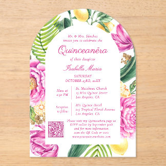 Aquarellfarbene Pinkerbäume QR-Code Quinceañera Acryleinladungen