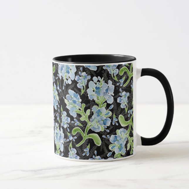Aquarellfarbene Plumbago-Blume auf Schwarz Tasse (Rechts)