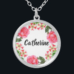 Aquarellfarbene rosa Blume Kreissaal-Design Versilberte Kette<br><div class="desc">Basierend auf meiner Aquarellbild von rosa und weiß Petunien und rosa Rosa. Ein wunderschöner Rundgang aus heiklen Sommerferien-Blume. Anpassbar in Zazzle mit eigenem Text für ein personalisiertes Design. Karo aus meinem Shop für passende Artikel!</div>