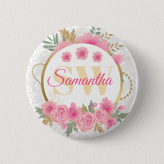 Aquarellfarbene rosa Blume und Goldfolie Monogramm Button (Vorderseite)