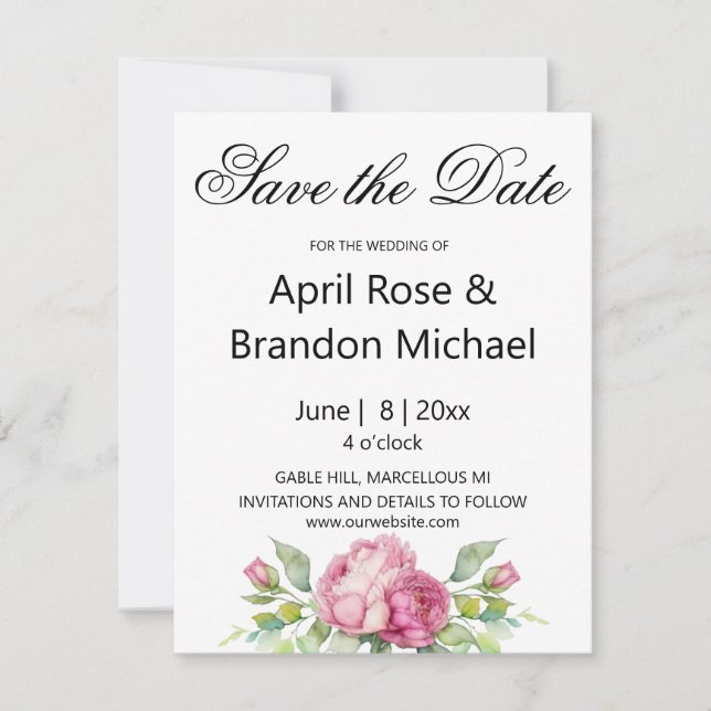 Aquarellfarbene Rosa Blüten Rose SAVE THE DATE (Vorderseite)