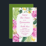 Aquarellfarbene Rosa Blütenstände Save The Date<br><div class="desc">Aquarellfarben Floral Pink Peonies Tulips Quinceañera Save the Dates Einladungen mit einem Blumenrahmen aus rosa Tulpen, rosa Pfannkuchen, ZitronenZitrusfrüchte mit Palmblättern und Grün mit goldfarbenen Schimmer Akzente auf einem weißen Hintergrund. Innen ist Ihre individuelle Quinceañera Save the Date Informationen. Personalisieren Sie den Text in den Textfeldern, indem Sie ihn bearbeiten....</div>