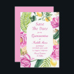 Aquarellfarbene Rosa Blütenstände Save The Date<br><div class="desc">Aquarellfarben Floral Pink Peonies Tulips Quinceañera Save the Dates Einladungen mit einem Blumenrahmen aus rosa Tulpen, rosa Pfannkuchen, ZitronenZitrusfrüchte mit Palmblättern und Grün mit goldfarbenen Schimmer Akzente auf einem weißen Hintergrund. Innen ist Ihre individuelle Quinceañera Save the Date Informationen. Personalisieren Sie den Text in den Textfeldern, indem Sie ihn bearbeiten....</div>