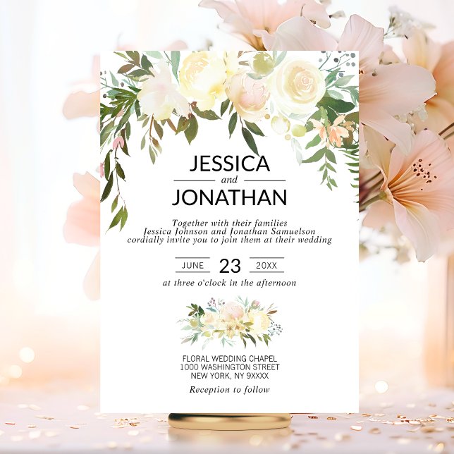 Aquarellfarbene Rosa Creme Elfenbeinhochzeit Einladung (Watercolor Floral Pink Cream Ivory Wedding Invitation)