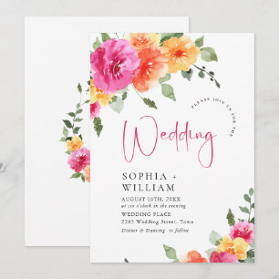 Aquarellfarbene, rosa Orangefarbene Blume Hochzeit Einladung