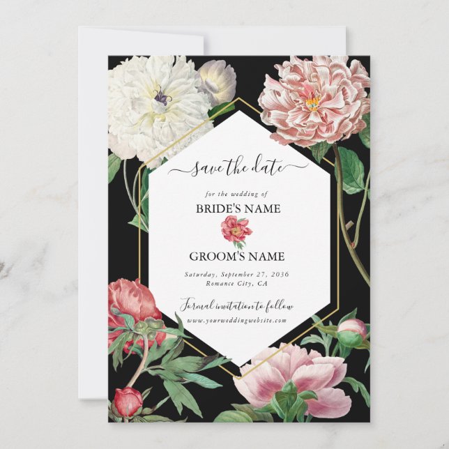 Aquarellfarbene Rosa-Peonies-Blume Hochzeiten Schw Save The Date (Vorderseite)
