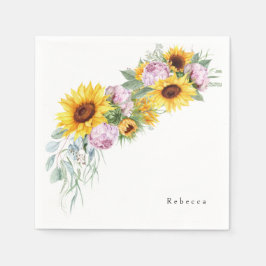 Aquarellfarbene Rosa Peonings & Sonnenblumen Braut Serviette