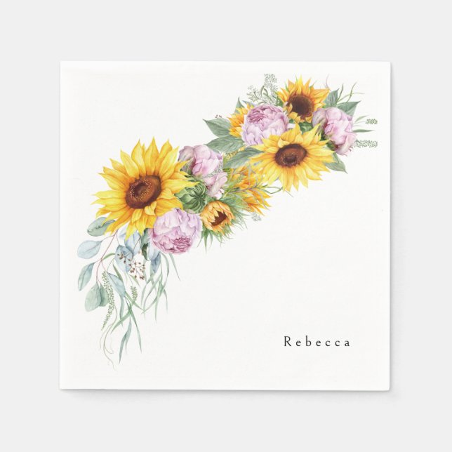 Aquarellfarbene Rosa Peonings & Sonnenblumen Braut Serviette (Vorderseite)