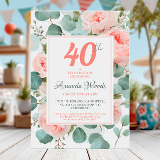 Aquarellfarbene Rose 40. Einladung