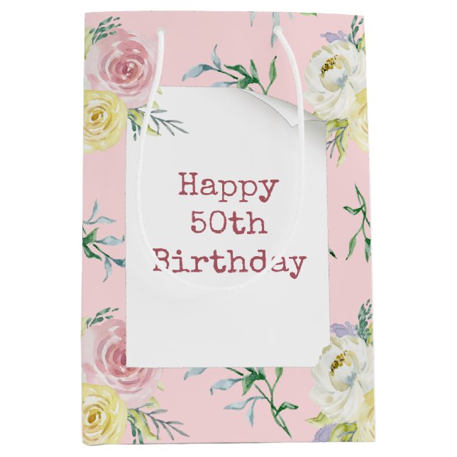 Aquarellfarbene Rose 50. Geburtstag Mittlere Geschenktüte (Vorderseite)