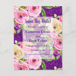 Aquarellfarbene Rose auf Lila Glitzer Save the Dat Postkarte