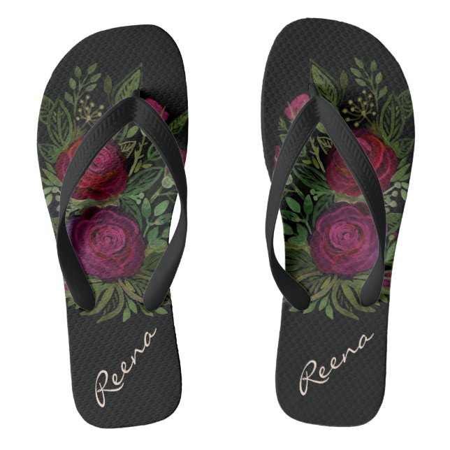 Aquarellfarbene Rose auf schwarzem Hintergrund, Aq Flip Flops (Fußbett)