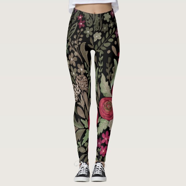 Aquarellfarbene Rose auf schwarzem Hintergrund, Aq Leggings (Vorderseite)