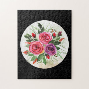 Aquarellfarbene Rose auf schwarzem Hintergrund, Aq Puzzle