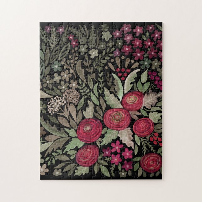 Aquarellfarbene Rose auf schwarzem Hintergrund, Aq Puzzle (Vertikal)