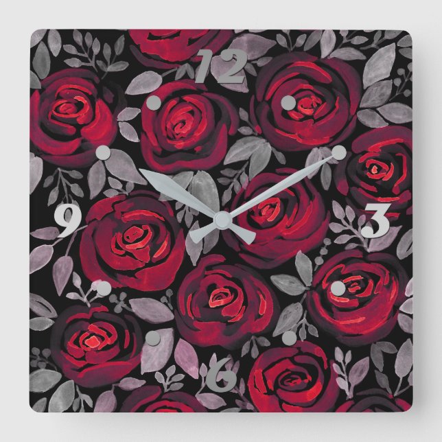 Aquarellfarbene Rose auf schwarzem Hintergrund, Aq Quadratische Wanduhr (Vorderseite)