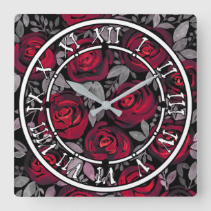 Aquarellfarbene Rose auf schwarzem Hintergrund, Aq Quadratische Wanduhr