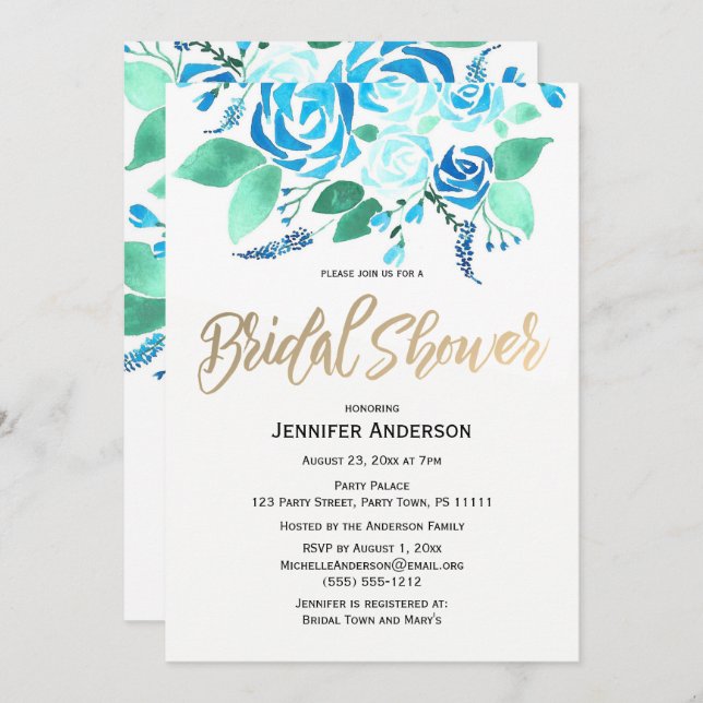Aquarellfarbene Rose Blaues grünes Brautparty Einladung (Vorne/Hinten)