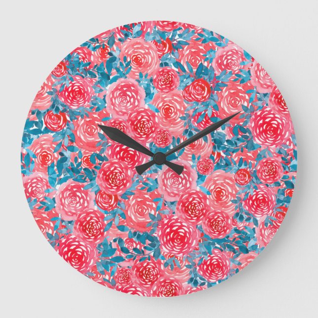Aquarellfarbene Rose Blumenband Große Wanduhr (Vorderseite)