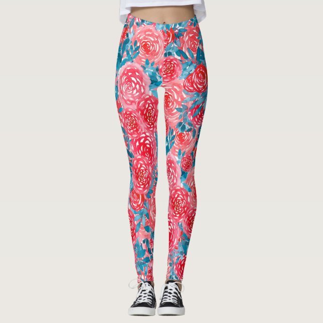Aquarellfarbene Rose Blumenband Leggings (Vorderseite)