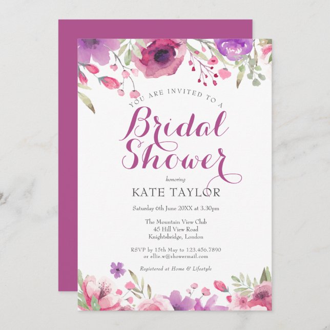 Aquarellfarbene Rose Blumendusche Einladung (Vorne/Hinten)