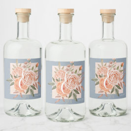 Aquarellfarbene Rose Blumenpfirsiche Dusty Blue We Alkoholflaschenetikett