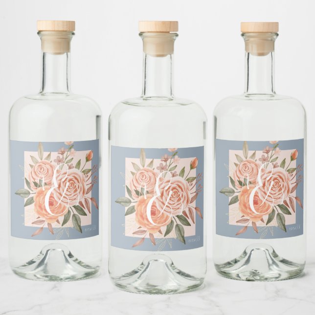 Aquarellfarbene Rose Blumenpfirsiche Dusty Blue We Alkoholflaschenetikett (Flaschen)