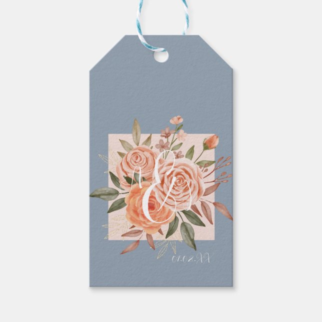 Aquarellfarbene Rose Blumenpfirsiche Dusty Blue We Geschenkanhänger (Vorderseite)