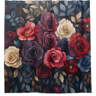 Aquarellfarbene Rose Bouquet Blätter farbenfroh Duschvorhang