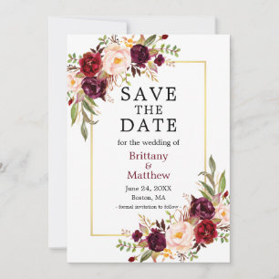 Aquarellfarbene Rose Burgund-Gold-Rahmen Save the Date