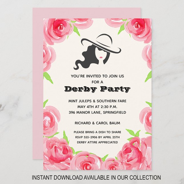 Aquarellfarbene Rose Derby Race Party Einladung (INSTANT DOWNLOAD available in our collection to send your invitations digitally.)