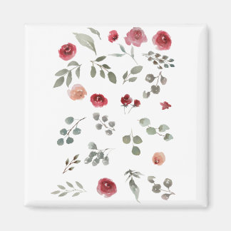 Aquarellfarbene Rose Grüne Blätter Blätter Magnet