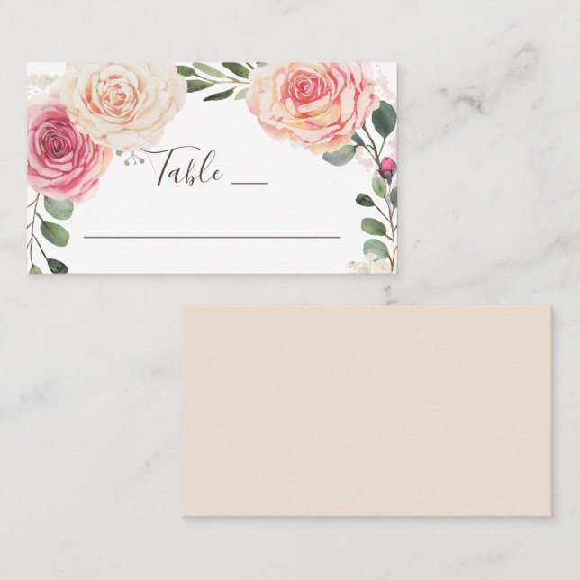 Aquarellfarbene Rose. Hochzeit im Blumengarten Platzkarte (Vorne/Hinten)