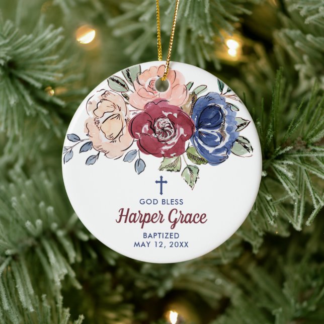 Aquarellfarbene Rose Personalisierte Taufe für Mäd Keramik Ornament (Baum)