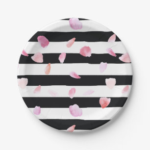 Aquarellfarbene Rose Petals Black Stripes Pappteller