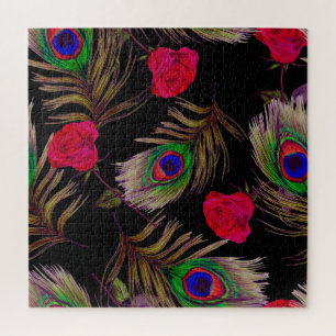 Aquarellfarbene Rose, Pfauenfedern, dekorativ. Puzzle