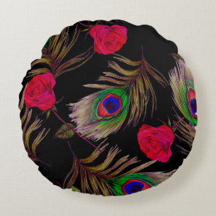 Aquarellfarbene Rose, Pfauenfedern, dekorativ. Rundes Kissen