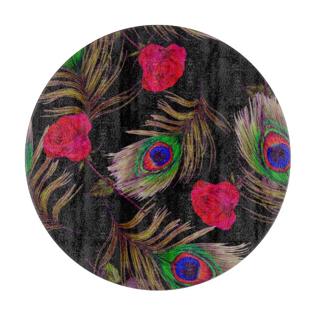 Aquarellfarbene Rose, Pfauenfedern, dekorativ. Schneidebrett (Vorderseite)