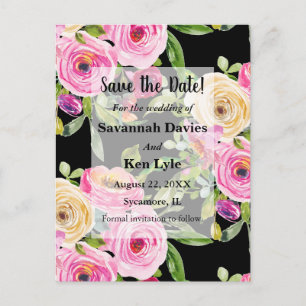 Aquarellfarbene Rose Rosa Save the Date auf Schwar Postkarte