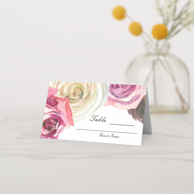 Aquarellfarbene Rose Rosa und Weißer Chic Hochzeit Platzkarte (Rückseite)