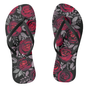 Aquarellfarbene Rose, rote Rosen in Schwarz Flip Flops