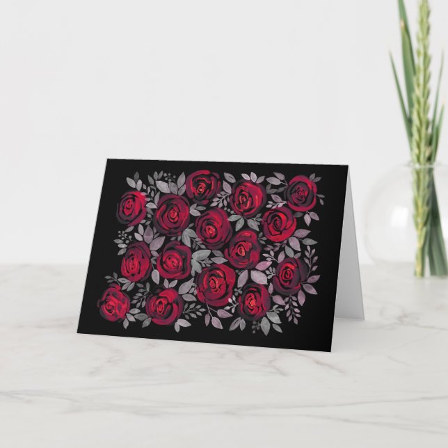 Aquarellfarbene Rose, rote Rosen in Schwarz Karte (Vorderseite)