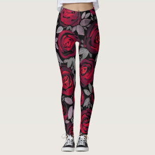 Aquarellfarbene Rose, rote Rosen in Schwarz Leggings