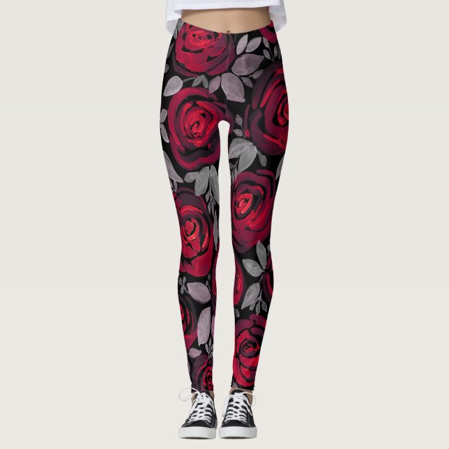 Aquarellfarbene Rose, rote Rosen in Schwarz Leggings (Vorderseite)