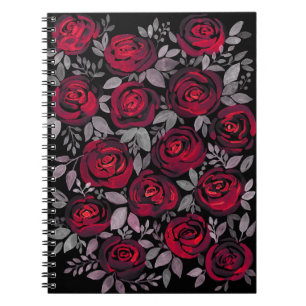 Aquarellfarbene Rose, rote Rosen in Schwarz Notizblock
