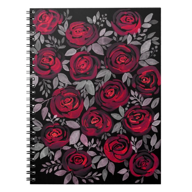 Aquarellfarbene Rose, rote Rosen in Schwarz Notizblock (Vorderseite)