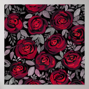 Aquarellfarbene Rose, rote Rosen in Schwarz Poster