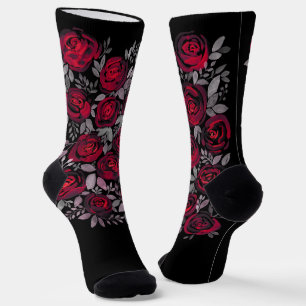 Aquarellfarbene Rose, rote Rosen in Schwarz Socken