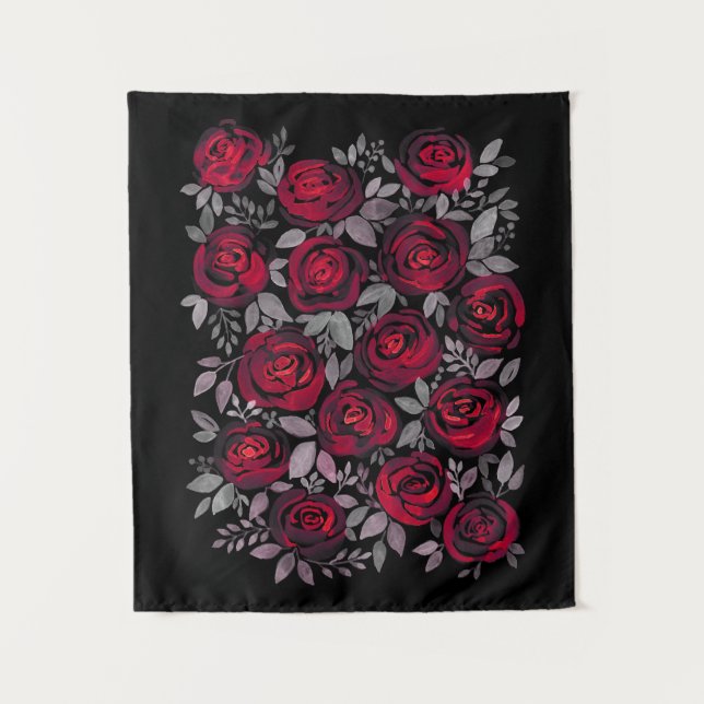 Aquarellfarbene Rose, rote Rosen in Schwarz Wandteppich (Vorderseite)